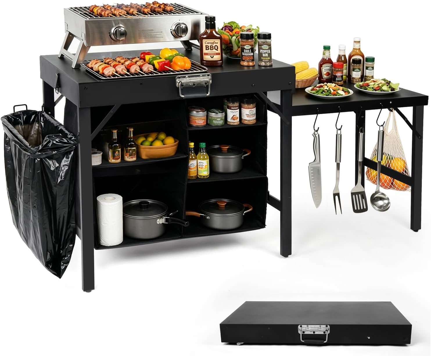 Camping Cooking Table With Storage - Taşınabilir Katlanabilir Izgara Standı, Depolama Raflı,