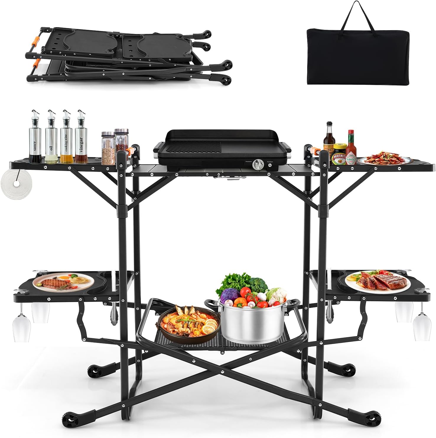 Camping Cooking Table With Storage - Isıya Dayanıklı Üst Yüzeyli, 4 Yan