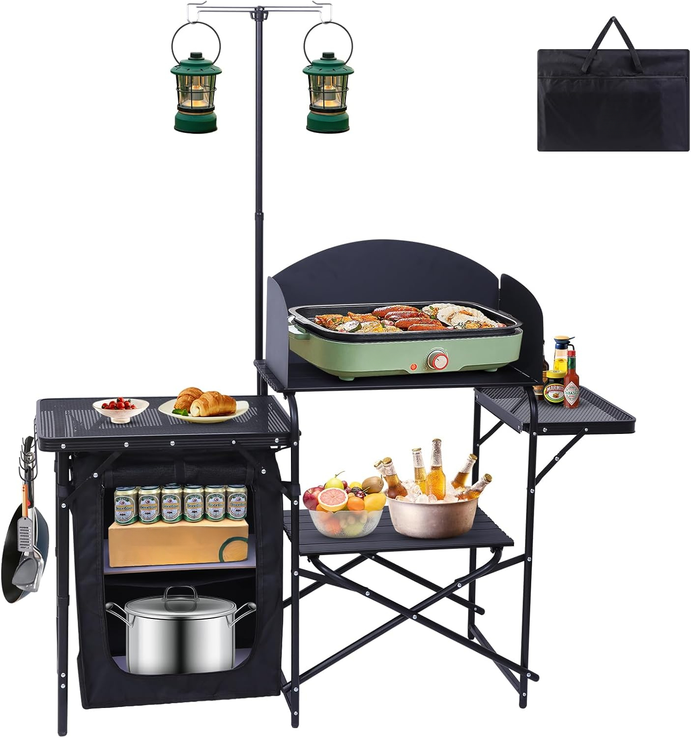 Camping Cooking Table With Storage - Kamp Mutfak Masası, Alüminyum Rüzgarlıklı Işık