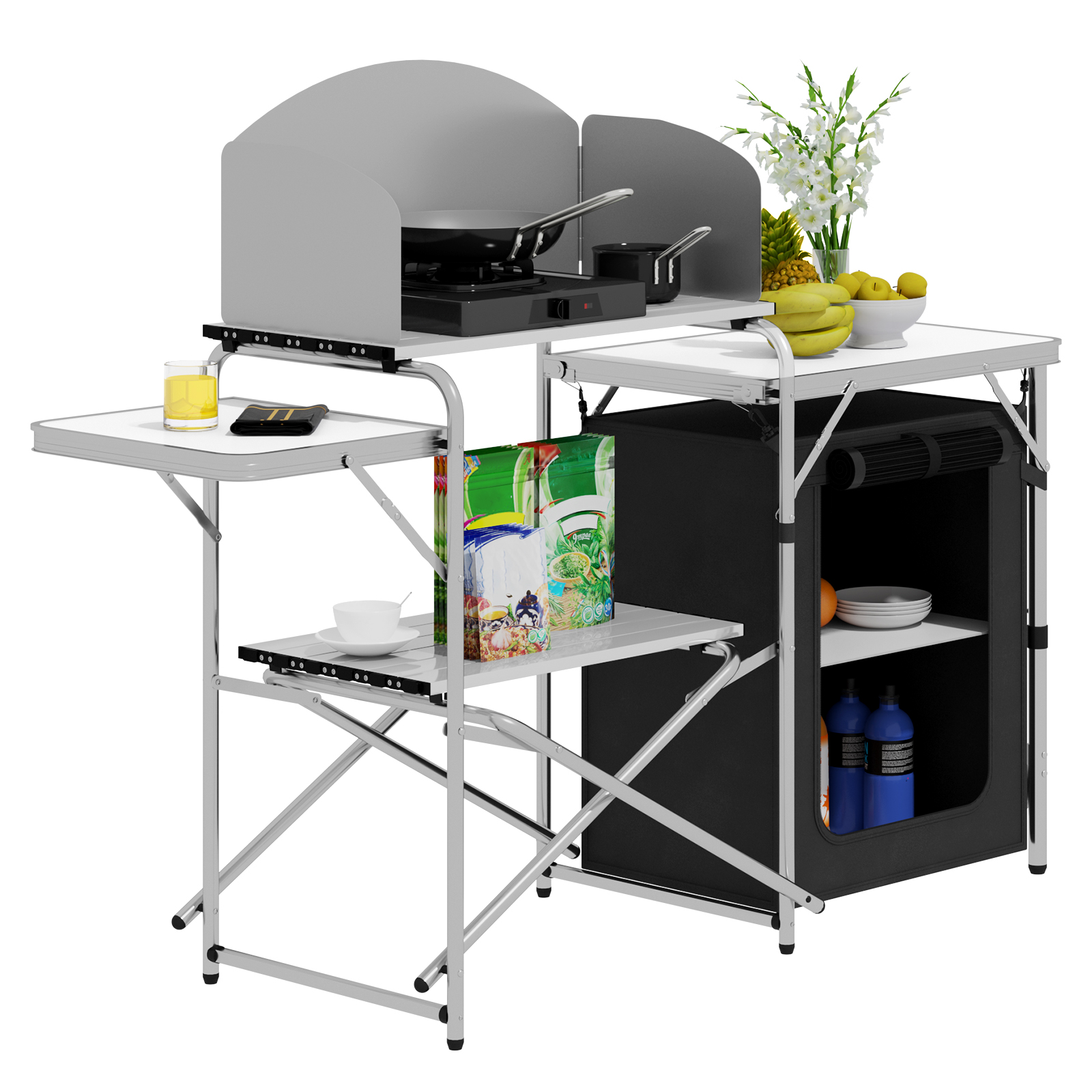 Camping Cooking Table With Storage - Aluminium Foldable Camping Cabinet Travel Kitchen