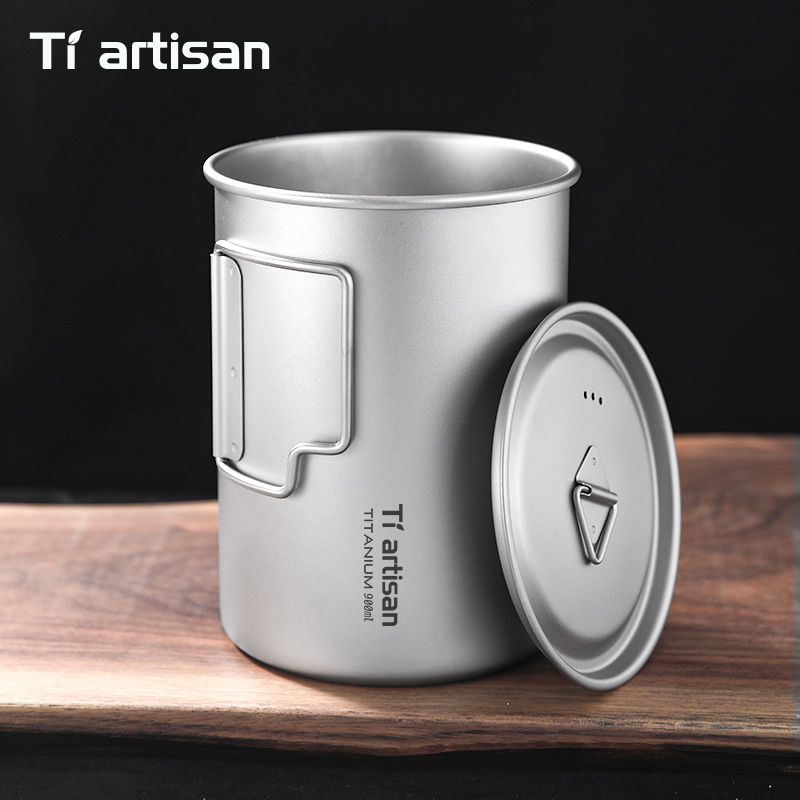 Camping Cooking Pot Large - Tiartisan 750ml/900ml Titanyum Katlanabilir Saplı Kamp